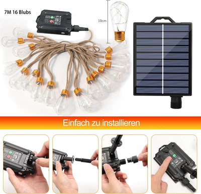 Guirlande Solaire Vintage Corde de Chanvre – éclairage LED allumé de nuit