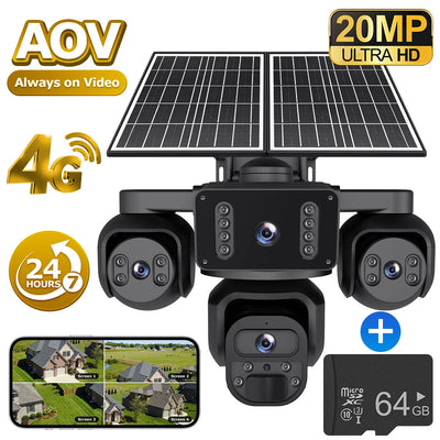 Caméra de Surveillance Solaire 4G 4 Objectifs 4 Écrans PIR