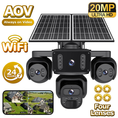 Caméra de Surveillance Solaire 4G 4 Objectifs 4 Écrans PIR