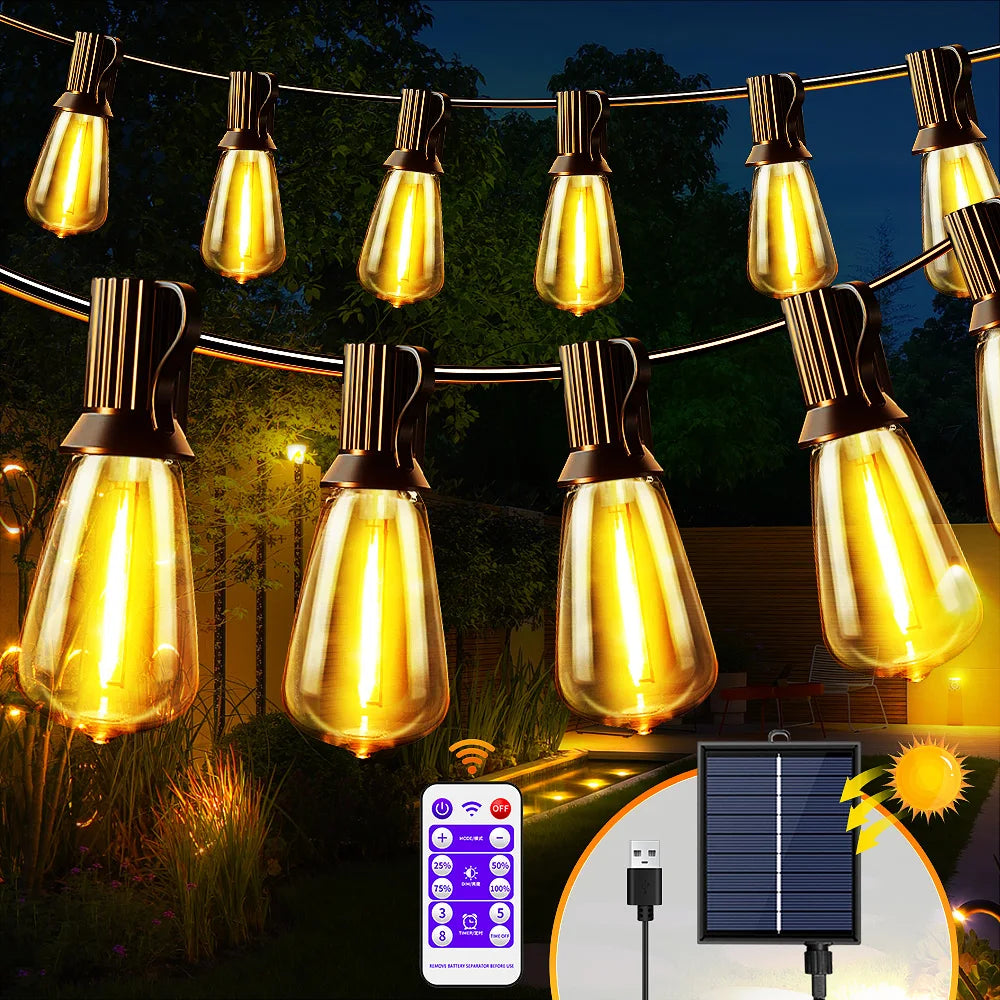 Guirlande solaire d'extérieur avec ampoules ST38 dimmables