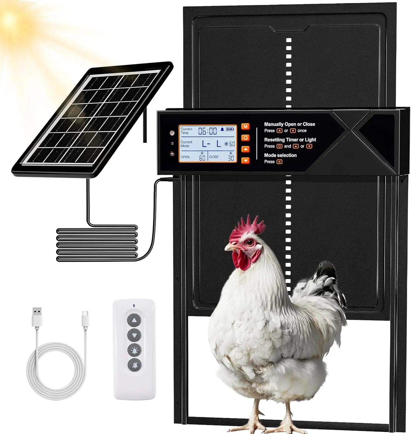 Porte Automatique de Poulailler Solaire XL Capteur de Lumière USB-C