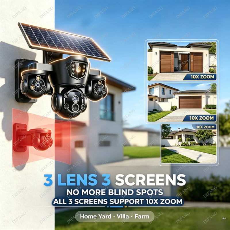 Caméra de Surveillance Solaire DIFANG 4G 8K 3 Objectifs