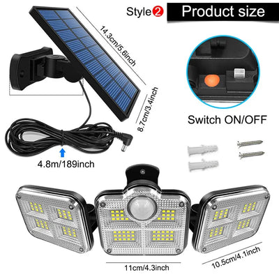 Projecteur Solaire Extérieur 333 LED Détecteur de Mouvement 4 Têtes