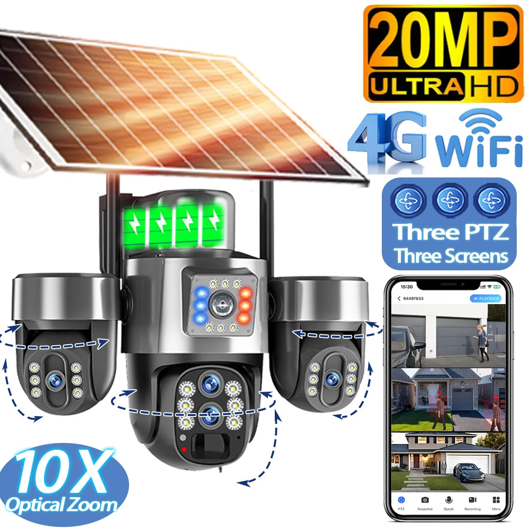 Caméra de Surveillance Solaire V380 Pro 4G 20MP 4 Objectifs