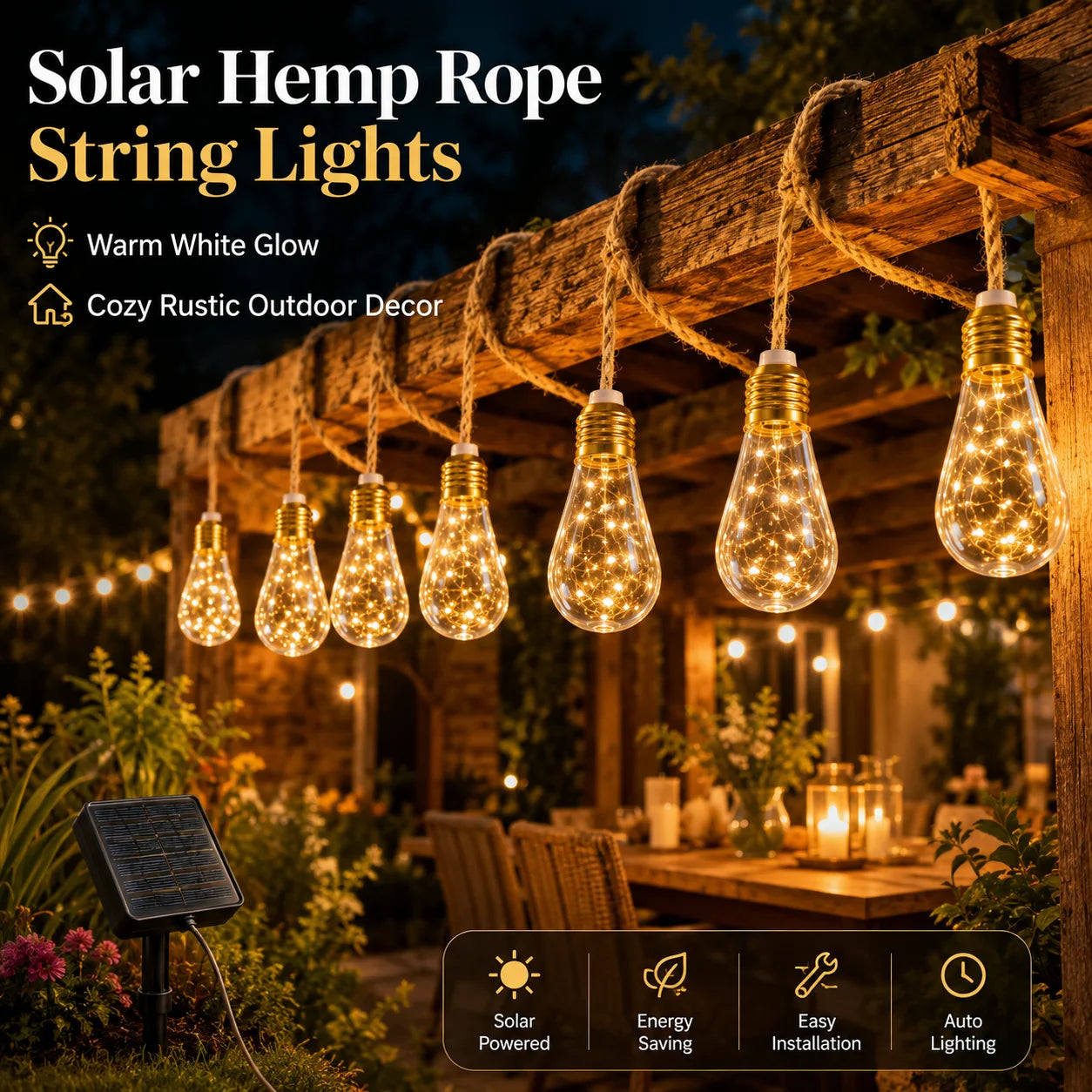 Guirlande Solaire Extérieur Corde de Chanvre Ampoules Edison