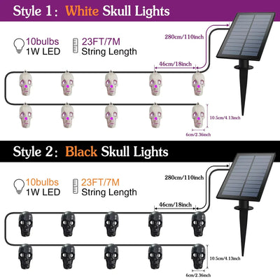 Guirlande Solaire Crâne Halloween 10 LED Étanche Extérieur