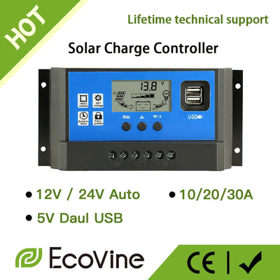 Régulateur Solaire PWM et MPPT 10A 20A 30A 12V 24V USB