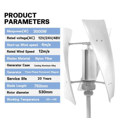 Générateur Éolien Vertical EKPAOWE 3000W 12V 24V 48V