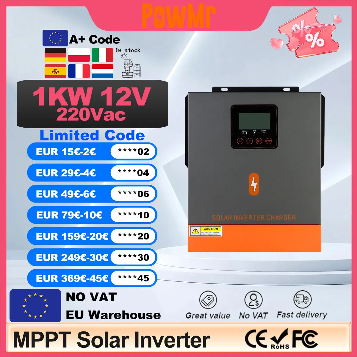 Onduleur Solaire Hybride 1kW 12V Onde Pure