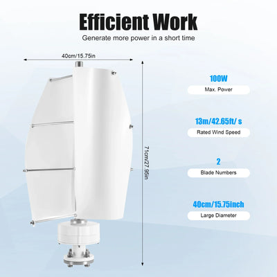 Éolienne Verticale 100W 2 Pales Faible Bruit pour Maison