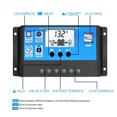 Régulateur Solaire PWM et MPPT 10A 20A 30A 12V 24V USB