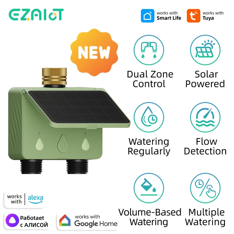 Programmateur d'arrosage solaire WiFi 2 zones pour jardin