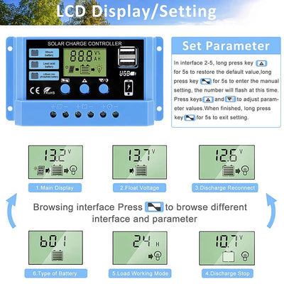 Régulateur Solaire PWM 30A 12V 24V LCD Double USB Minuterie