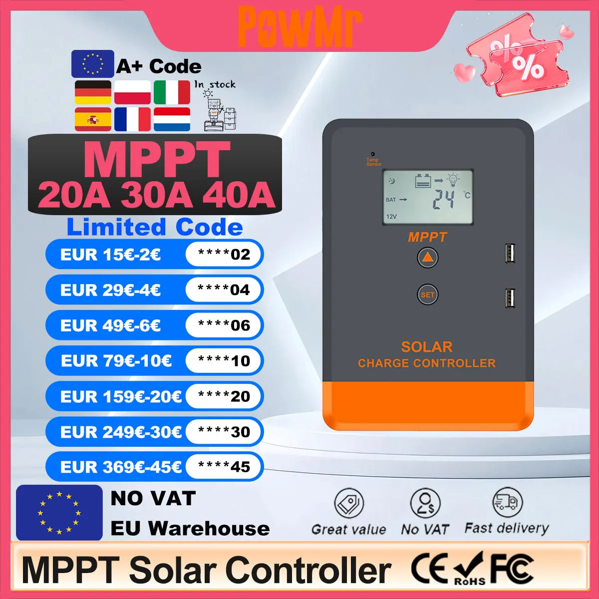 Régulateur Solaire MPPT 40A 30A 20A Écran LCD