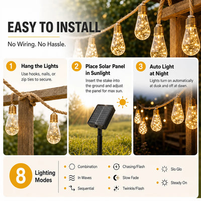Guirlande Solaire Extérieur Corde de Chanvre Ampoules Edison