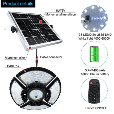 Plafonnier Solaire Extérieur 136 LED Pliable pour Garage