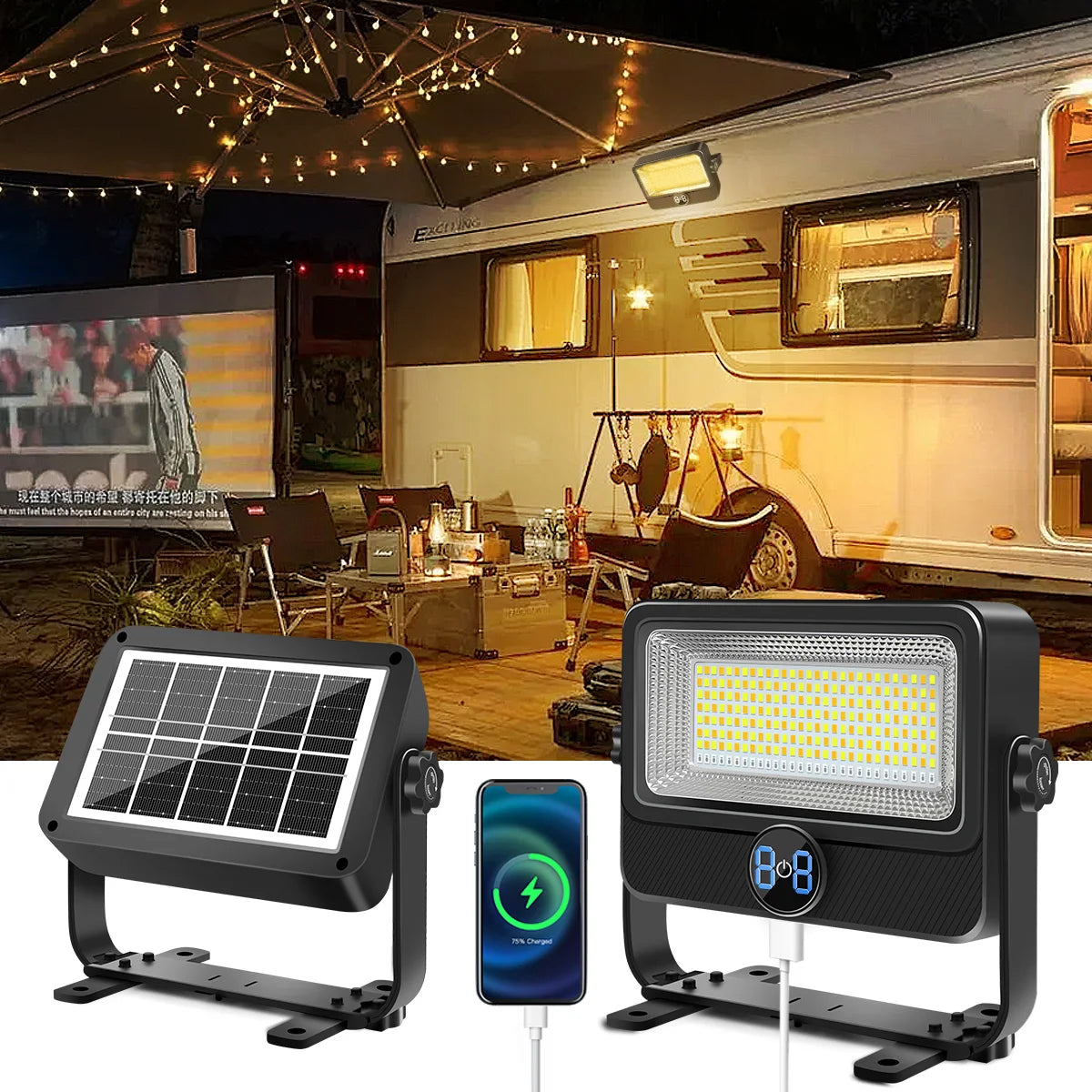 Projecteur solaire portable LED 10000lm pour camping