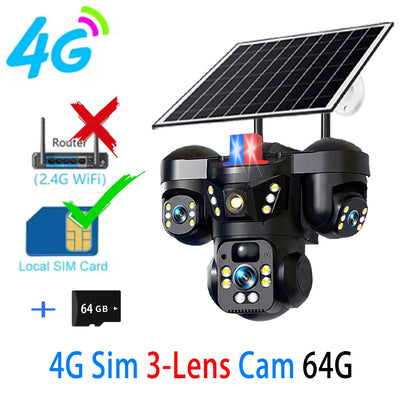 Caméra de Surveillance Solaire 4G WiFi 15MP 3 Objectifs V380