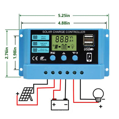 Régulateur Solaire PWM 30A 12V 24V LCD Double Sortie USB