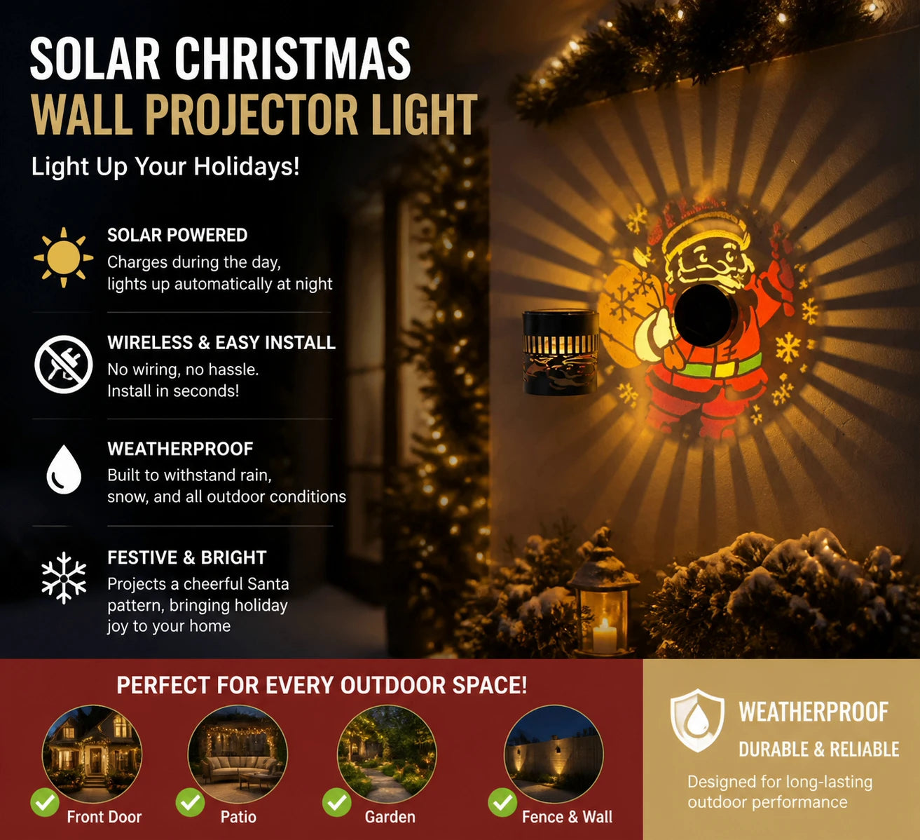 Applique Solaire Projecteur Père Noël en Fer Forgé