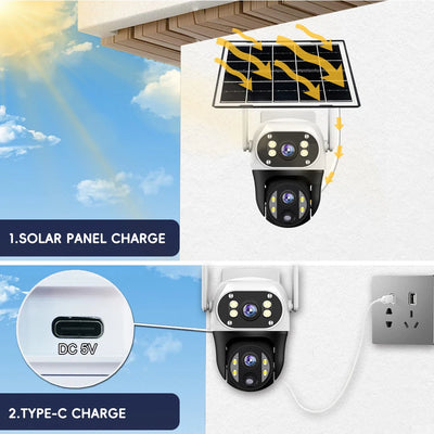 Caméra solaire à double objectif installée sur un mur