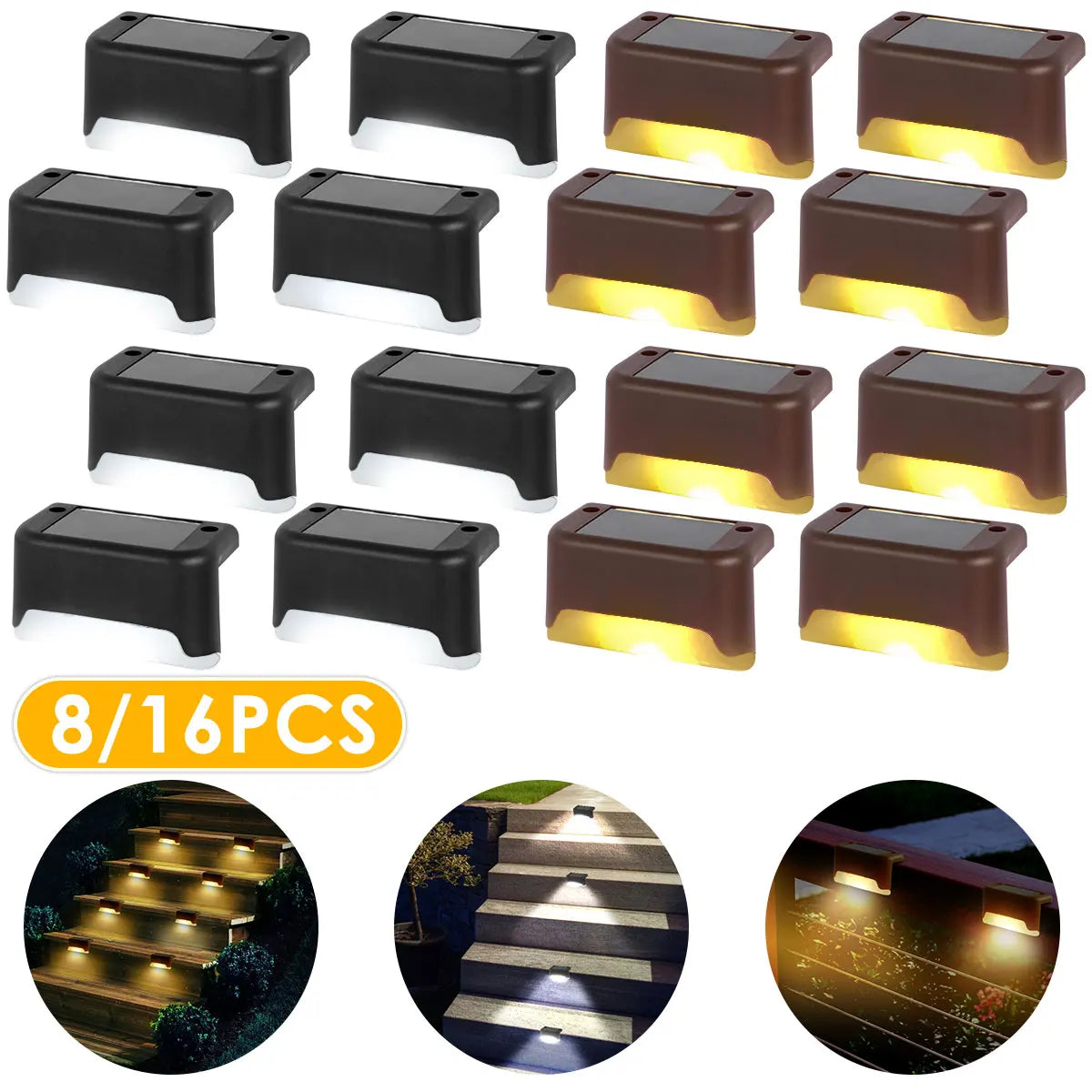 Lampes Solaires d'Escalier Extérieur IPX65, Pack 1 à 16 Pièces, Noir ou Marron