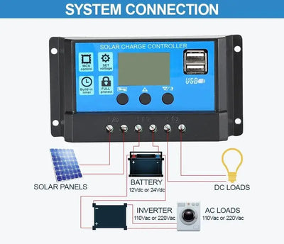 Régulateur Solaire PWM 100A 12V 24V LCD avec Minuterie
