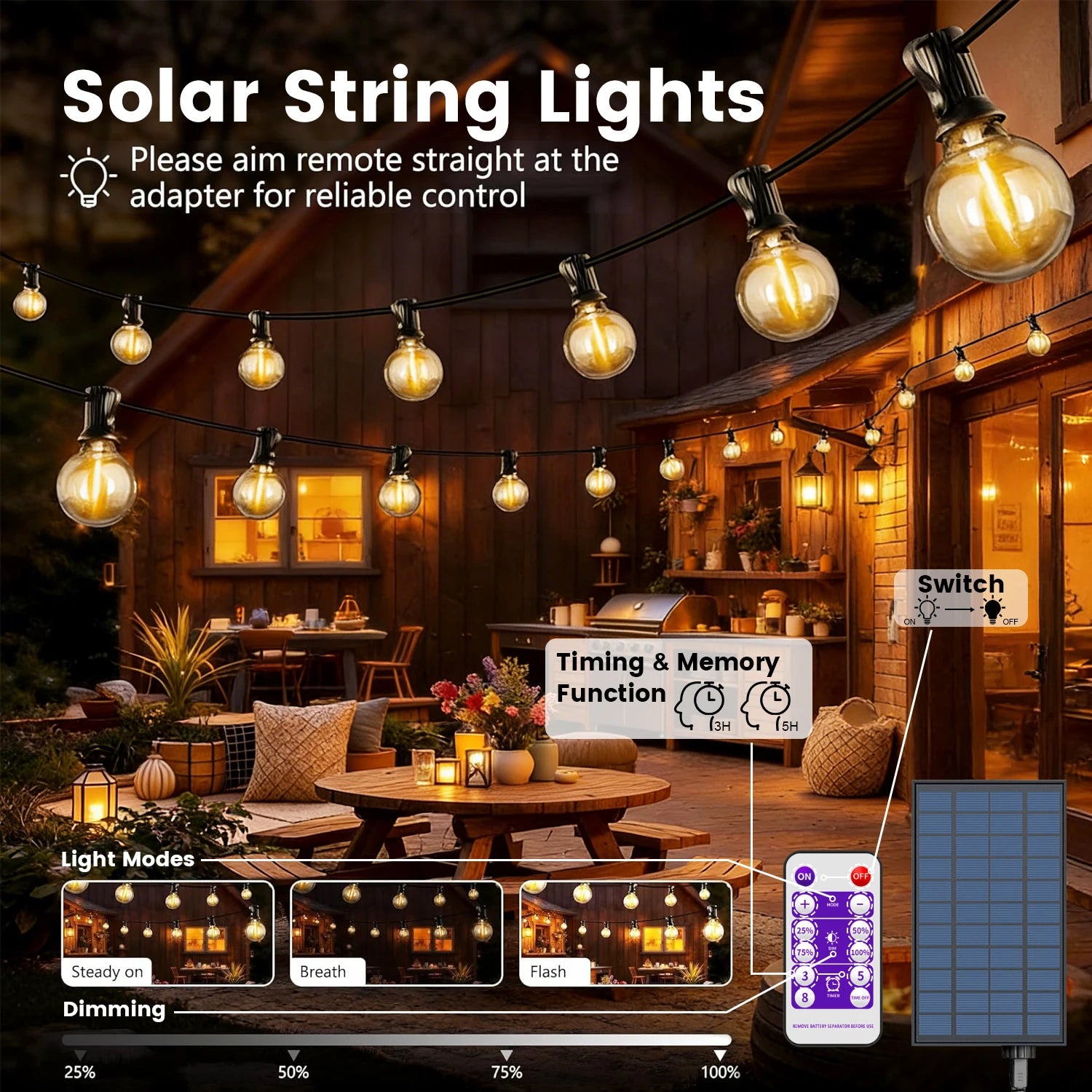 Guirlande solaire G40 LED avec télécommande pour jardin
