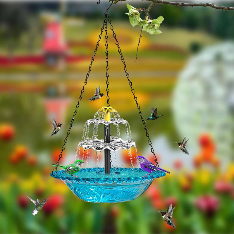 Fontaine Solaire Bain d'Oiseaux Suspendue avec Mangeoire à Colibris
