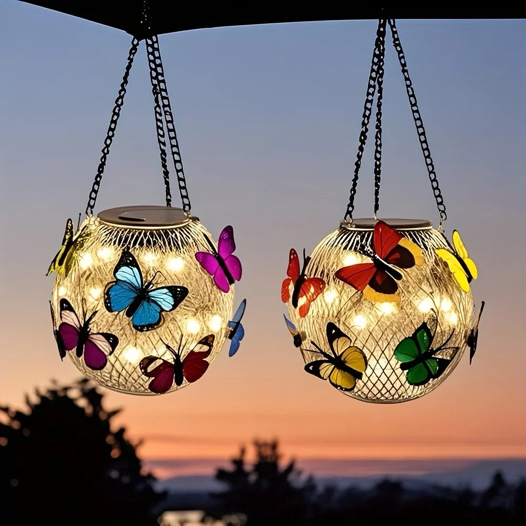 Lanterne Solaire Papillon Suspendue Métal pour Jardin