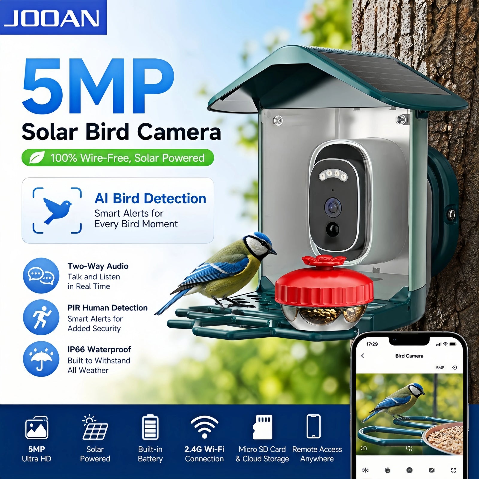 Caméra Solaire WiFi pour Mangeoire à Oiseaux 5MP IA IP66