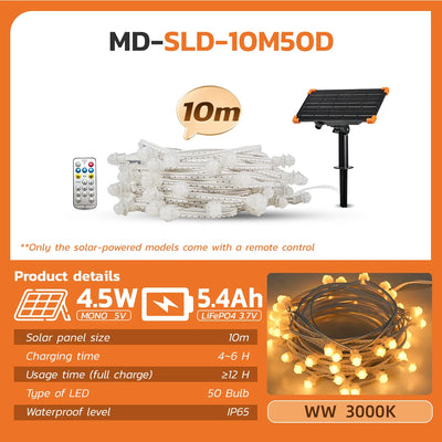 Guirlande Solaire LED 10M 50 LEDs Blanc Chaud IP65