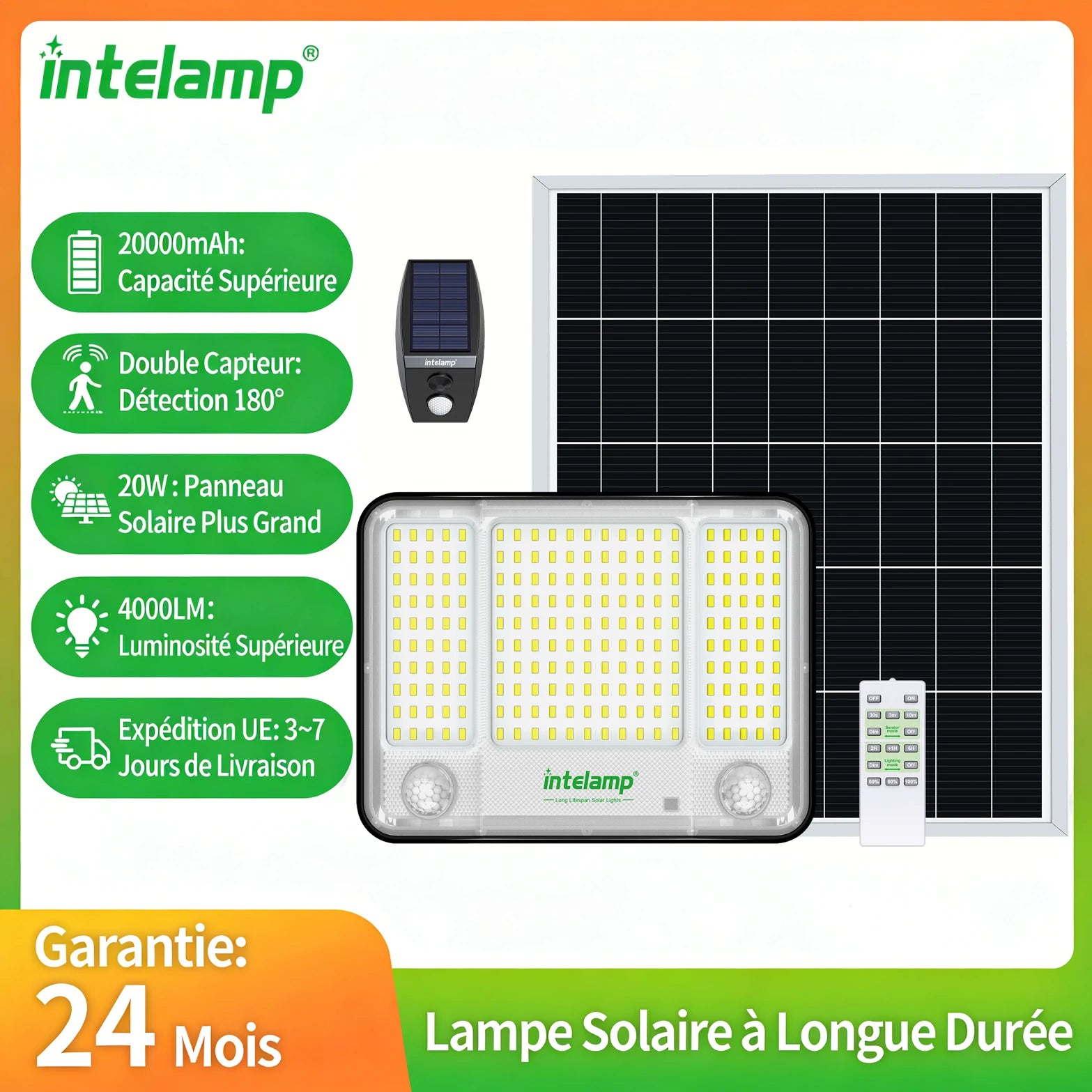 Projecteur solaire extérieur LED 4000lm avec détecteur de mouvement pour jardin