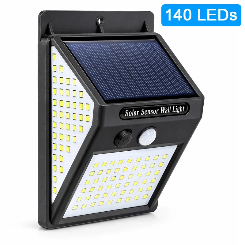 Applique Solaire Murale 140 LED 3 Faces Détecteur de Mouvement
