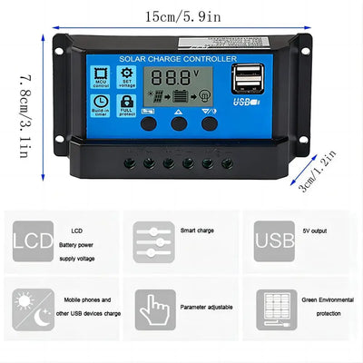 Régulateur Solaire PWM et MPPT 10A 20A 30A 12V 24V USB