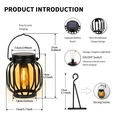 Lanterne Solaire Suspendue Métal Ampoule Edison Extérieur