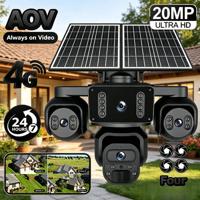 Caméra de Surveillance Solaire 4G 4 Objectifs 4 Écrans PIR