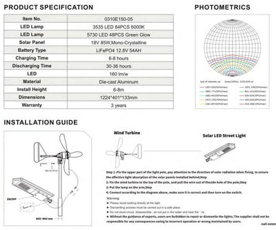 Lampadaire Solaire Extérieur Hybride avec Mât Design Moderne