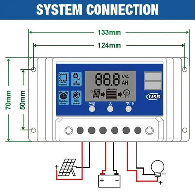 Régulateur Solaire PWM 100A 12V 24V LCD avec Minuterie