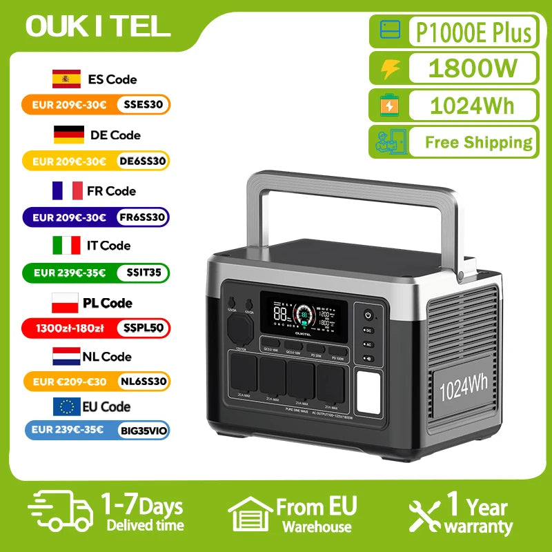Station d'Énergie Solaire 1800W 1024Wh Portable