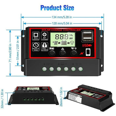 Régulateur Solaire PWM 100A 12V 24V Écran LCD 2 Ports USB