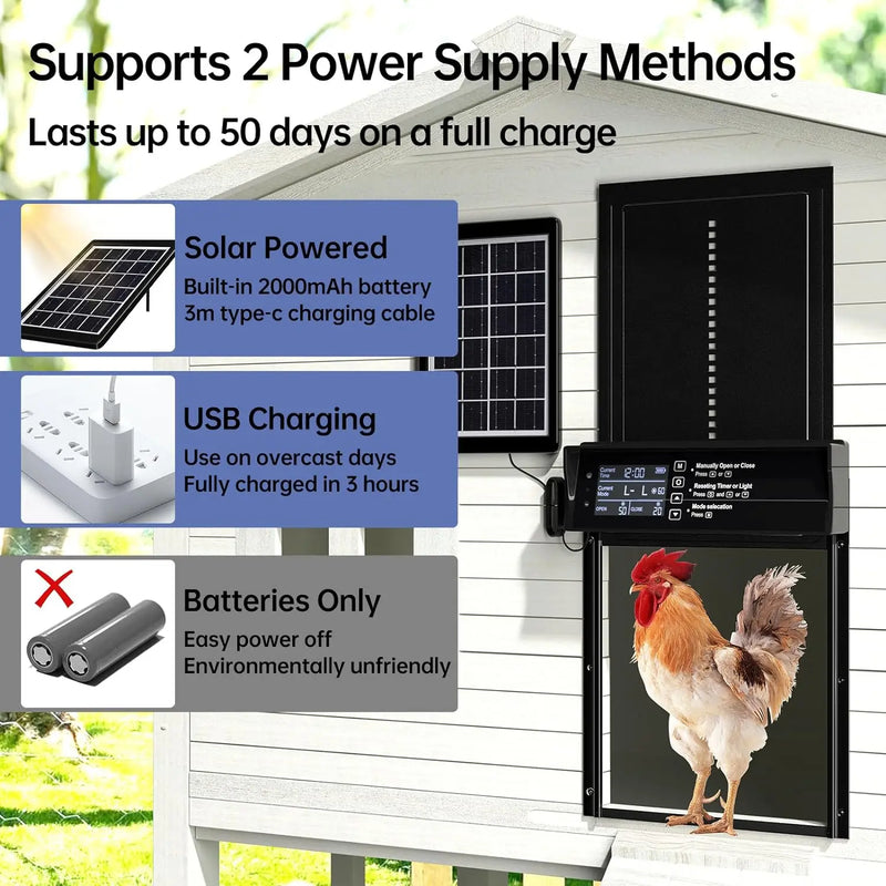 Porte Automatique de Poulailler Solaire Recharge USB Capteur de Lumière