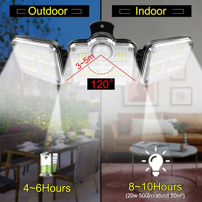Projecteur Solaire Extérieur 333 LED Détecteur de Mouvement 4 Têtes
