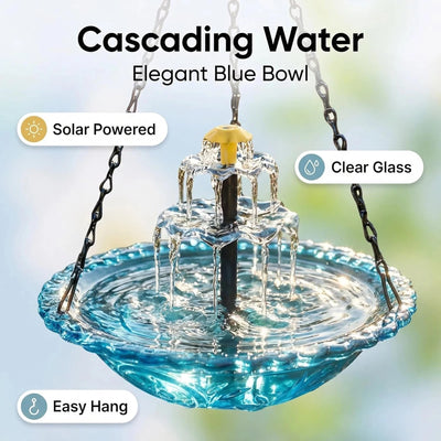 Bain d'Oiseaux Solaire Cascade avec Bol en Verre et Mangeoire