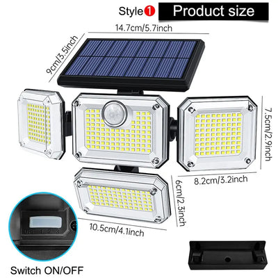 Projecteur Solaire Extérieur 333 LED Détecteur de Mouvement 4 Têtes