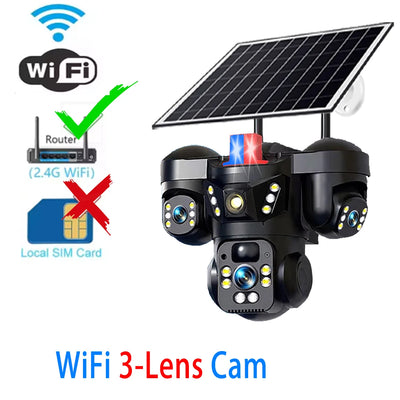 Caméra de Surveillance Solaire 4G WiFi 15MP 3 Objectifs V380