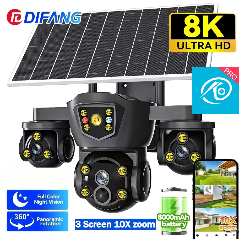 Caméra de Surveillance Solaire DIFANG 4G 8K 3 Objectifs