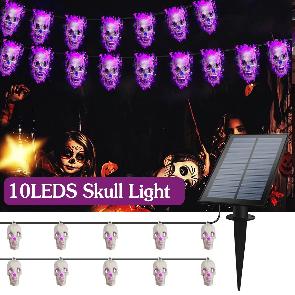 Guirlande solaire crâne Halloween 10 LED pour jardin