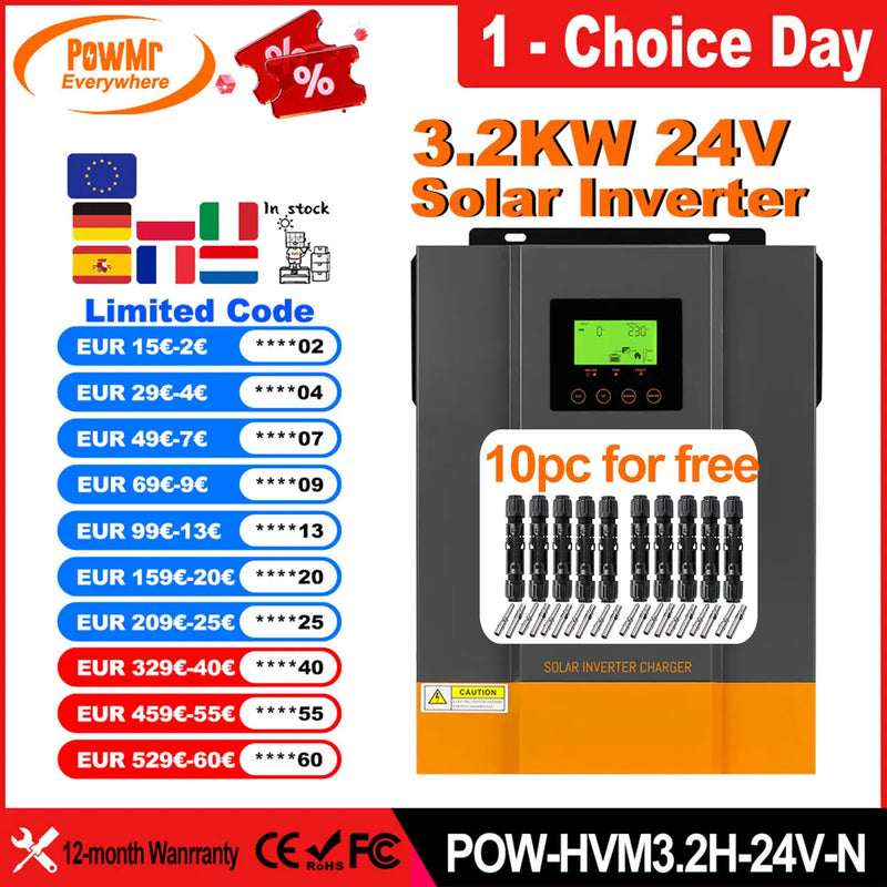 Onduleur Solaire Hybride 3,2kW 24V MPPT 80A – écran de contrôle et indicateurs