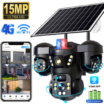 Caméra de Surveillance Solaire 4G WiFi 15MP 3 Objectifs V380